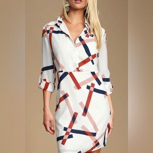 Lulus White Geometric Print  Long Sleeve Dress